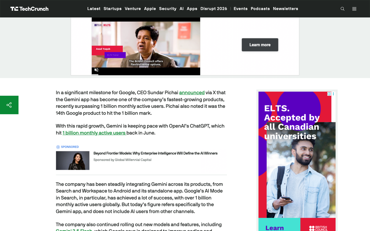 TechCrunch article describing Gemini as keeping pace with ChatGPT, which it says hit 1 billion monthly active users in June