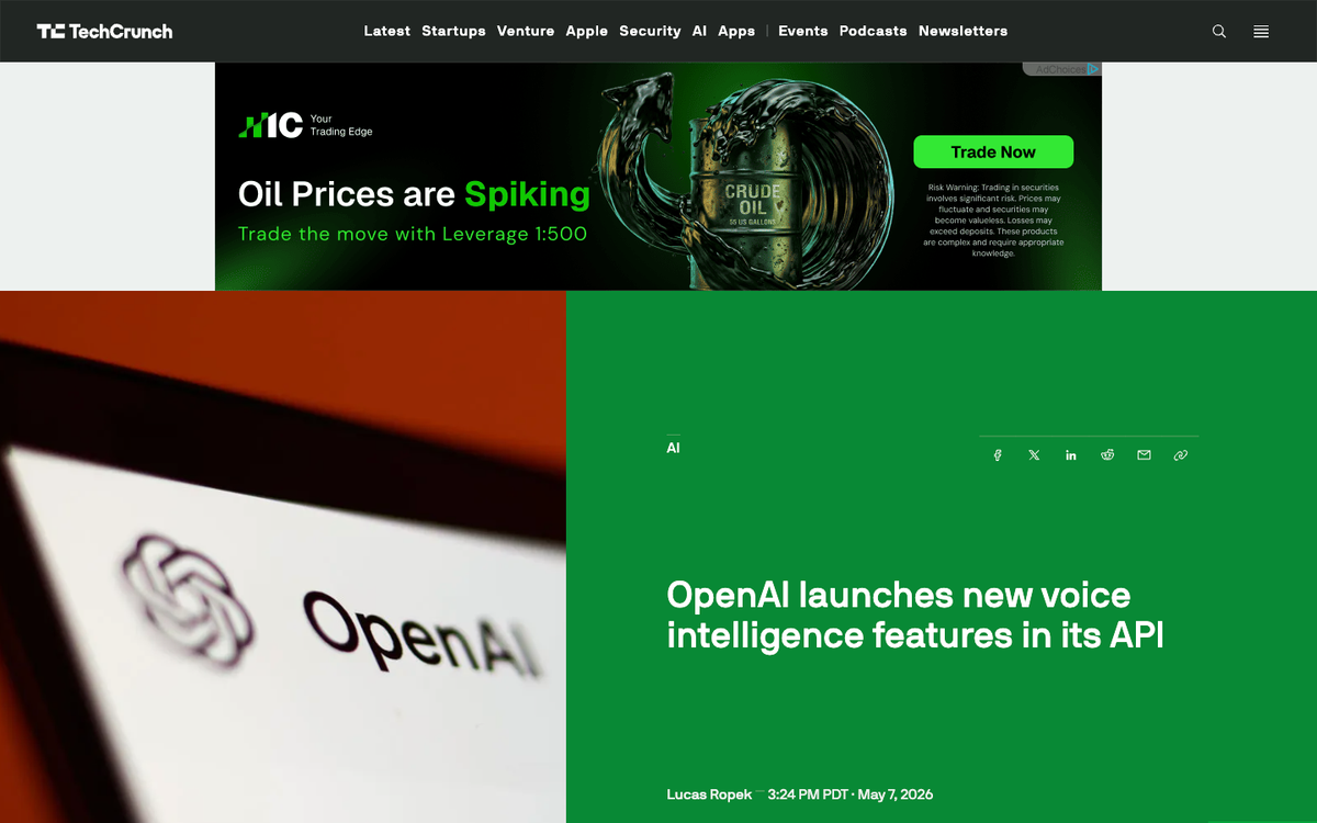 TechCrunch article headline OpenAI launches new voice intelligence features in its API by Lucas Ropek dated May 7 2026