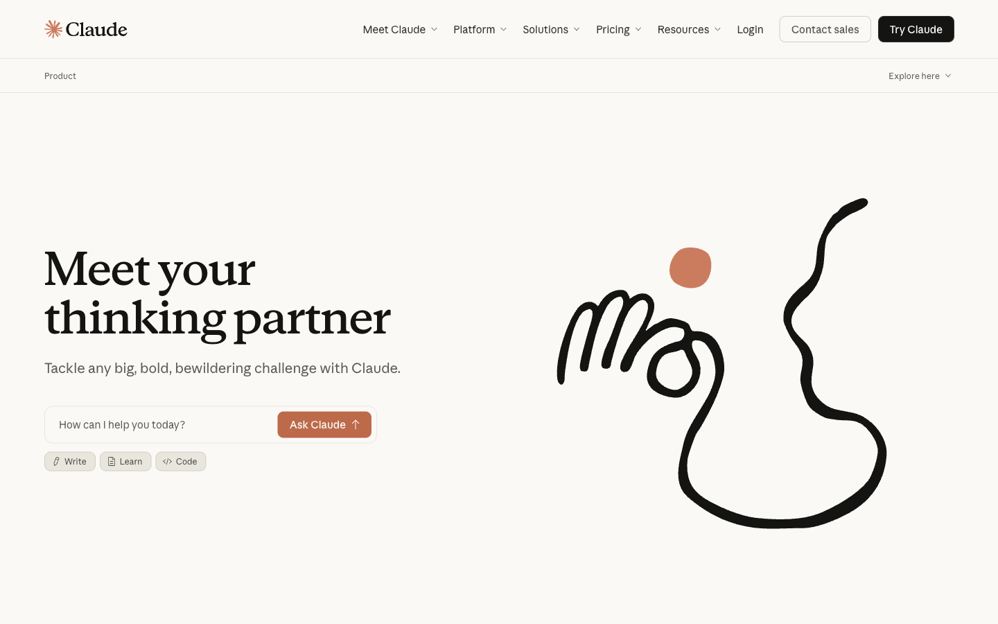 Anthropic Claude homepage showing the AI thinking partner product with prompt input and Ask Claude button