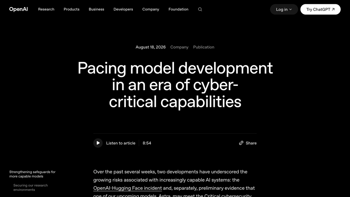 OpenAI blog post titled Pacing model development in an era of cyber-critical capabilities, dated August 18 2026, opening on the Hugging Face incident and the Astra threshold