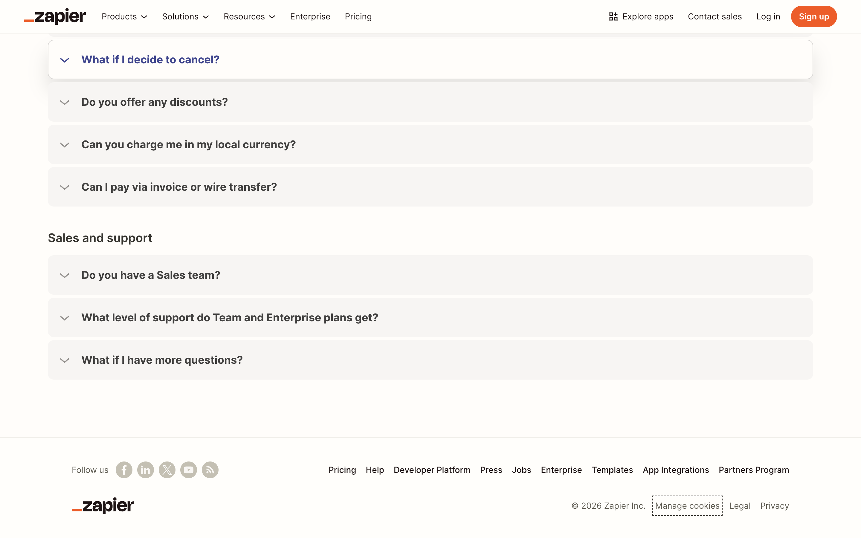 Zapier pricing page showing Free, Professional, Team and Enterprise plan tiers with task limits for 2026