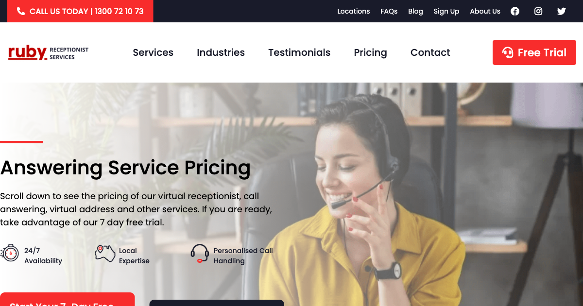 Ruby Receptionist pricing page showing Australian virtual receptionist plans starting from 19 dollars per month