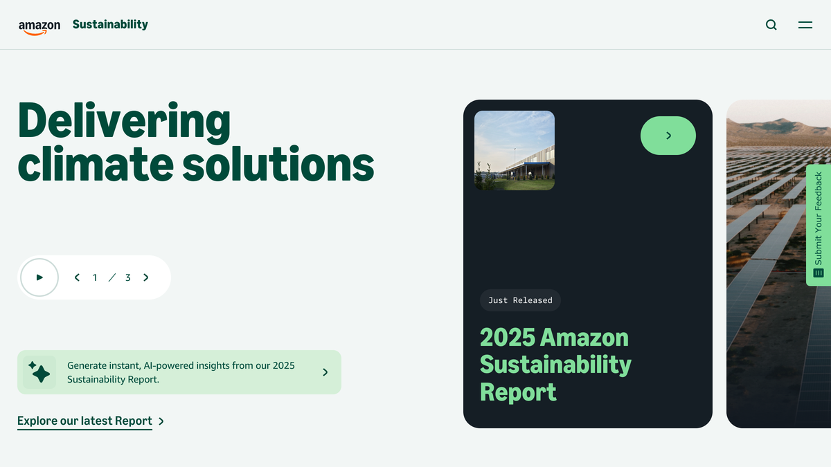 Amazon's sustainability website homepage with the headline Delivering climate solutions and a card promoting the 2025 Amazon Sustainability Report