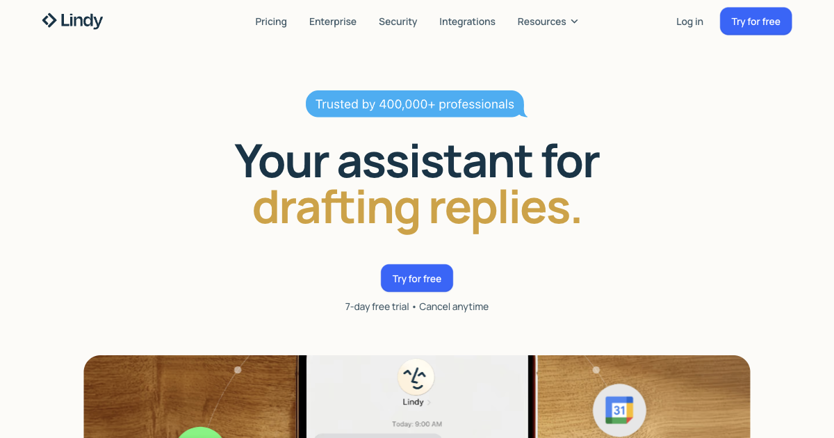 Lindy AI homepage showing the no-code AI agent builder interface with templates for sales, support, and executive assistant workflows