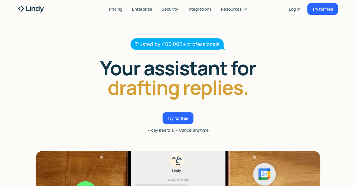 Lindy AI homepage showing the no-code AI agent builder interface with templates for sales, support, and executive assistant workflows