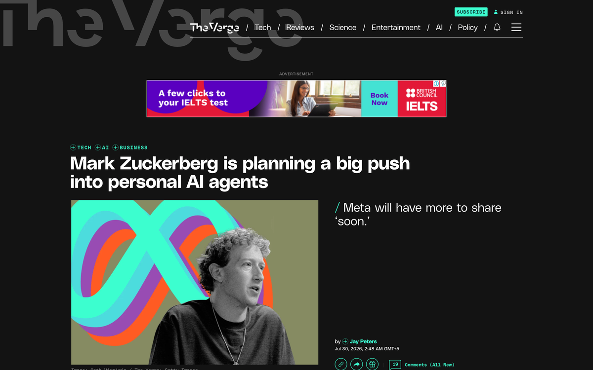 The Verge headline reading Mark Zuckerberg is planning a big push into personal AI agents, with the deck Meta will have more to share soon