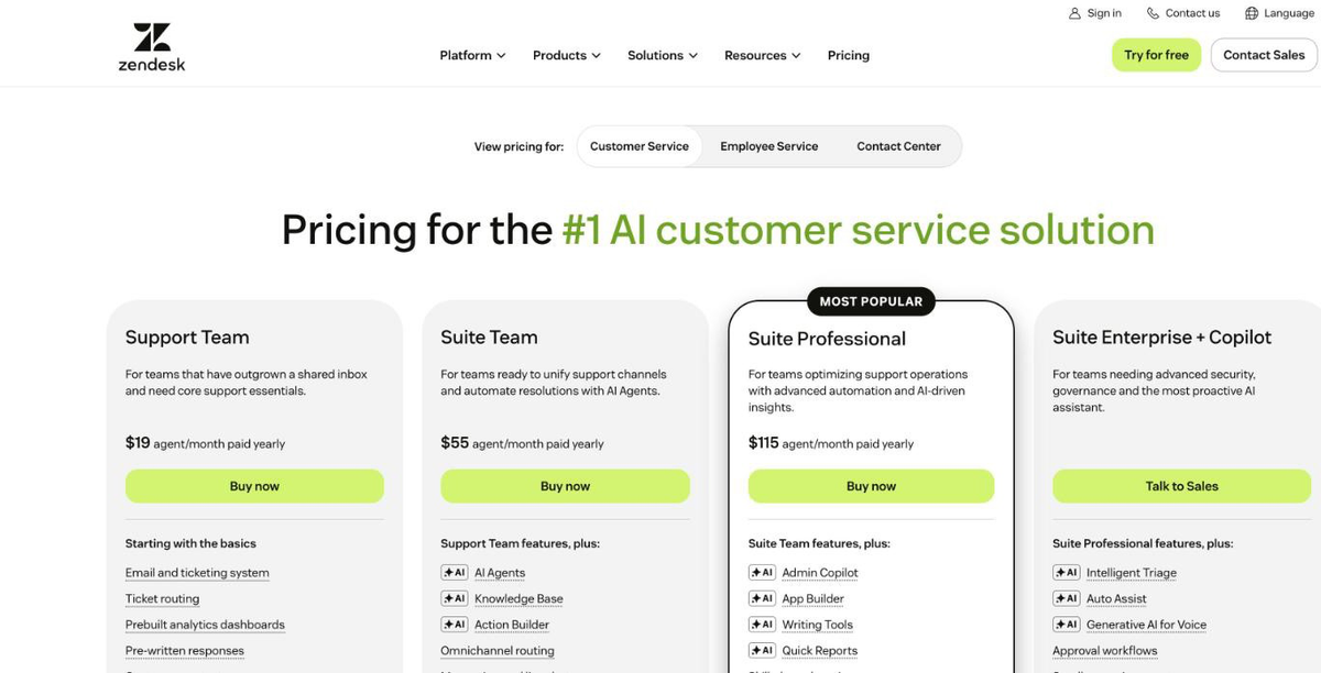Zendesk pricing page in October 2026 with yearly billing: Support Team at 19 dollars, Suite Team at 55 dollars and Suite Professional at 115 dollars per agent per month
