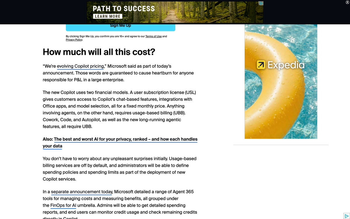 ZDNET article section headed How much will all this cost, explaining that Copilot chat uses a user subscription license while Cowork, Code and Autopilot require usage based billing