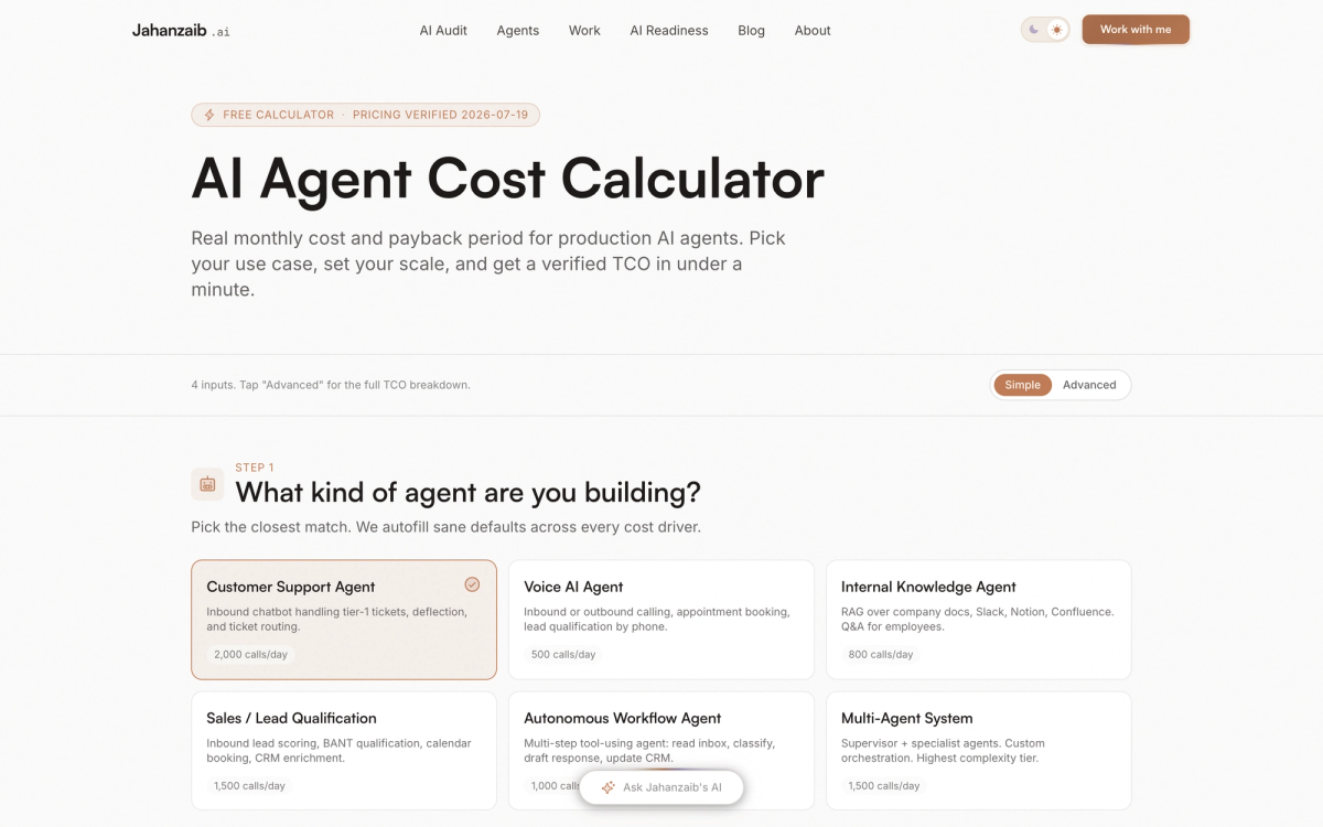 The free AI Agent Cost Calculator on jahanzaib.ai showing use case selection for a customer support agent