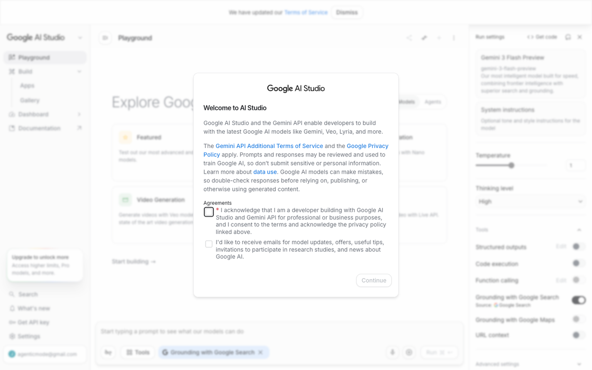 Google AI Studio interface showing the free tier used to prototype AI agents before committing to a paid platform