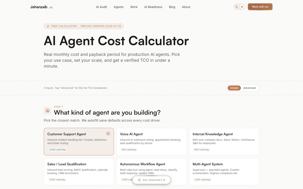 Jahanzaib AI Agent Cost Calculator showing use case selection and monthly cost estimation for production AI agents
