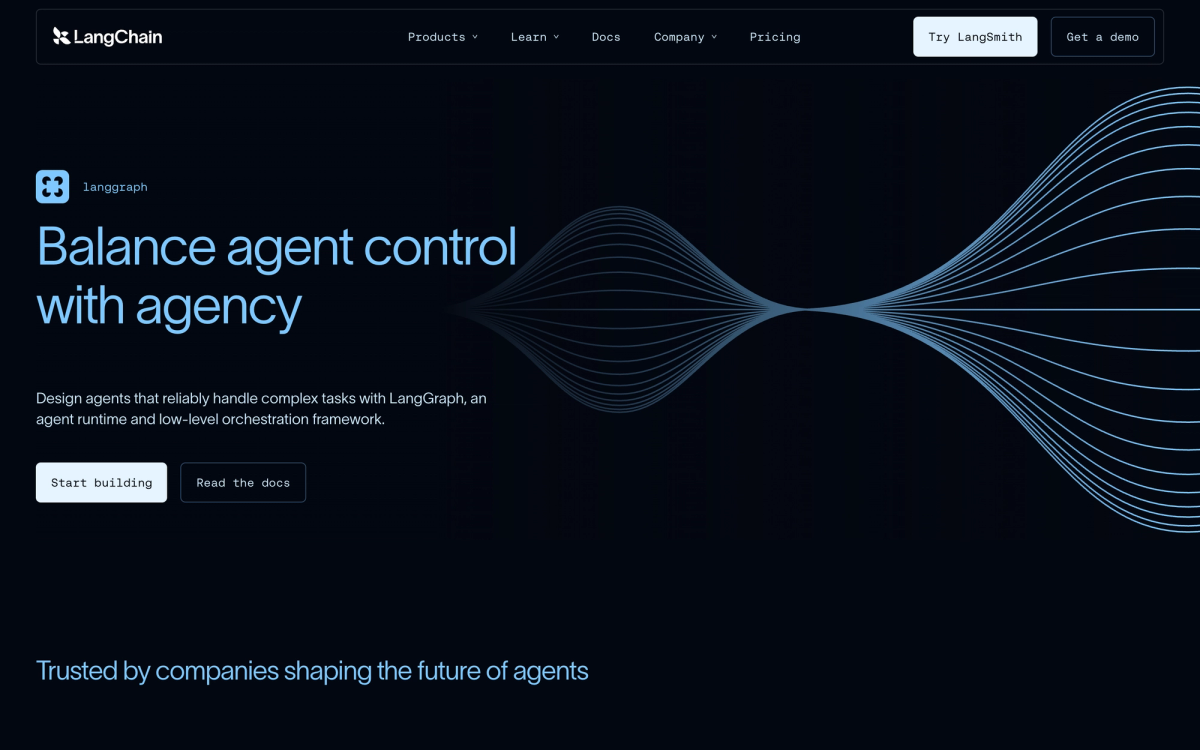 LangGraph homepage from LangChain showing graph based agent orchestration