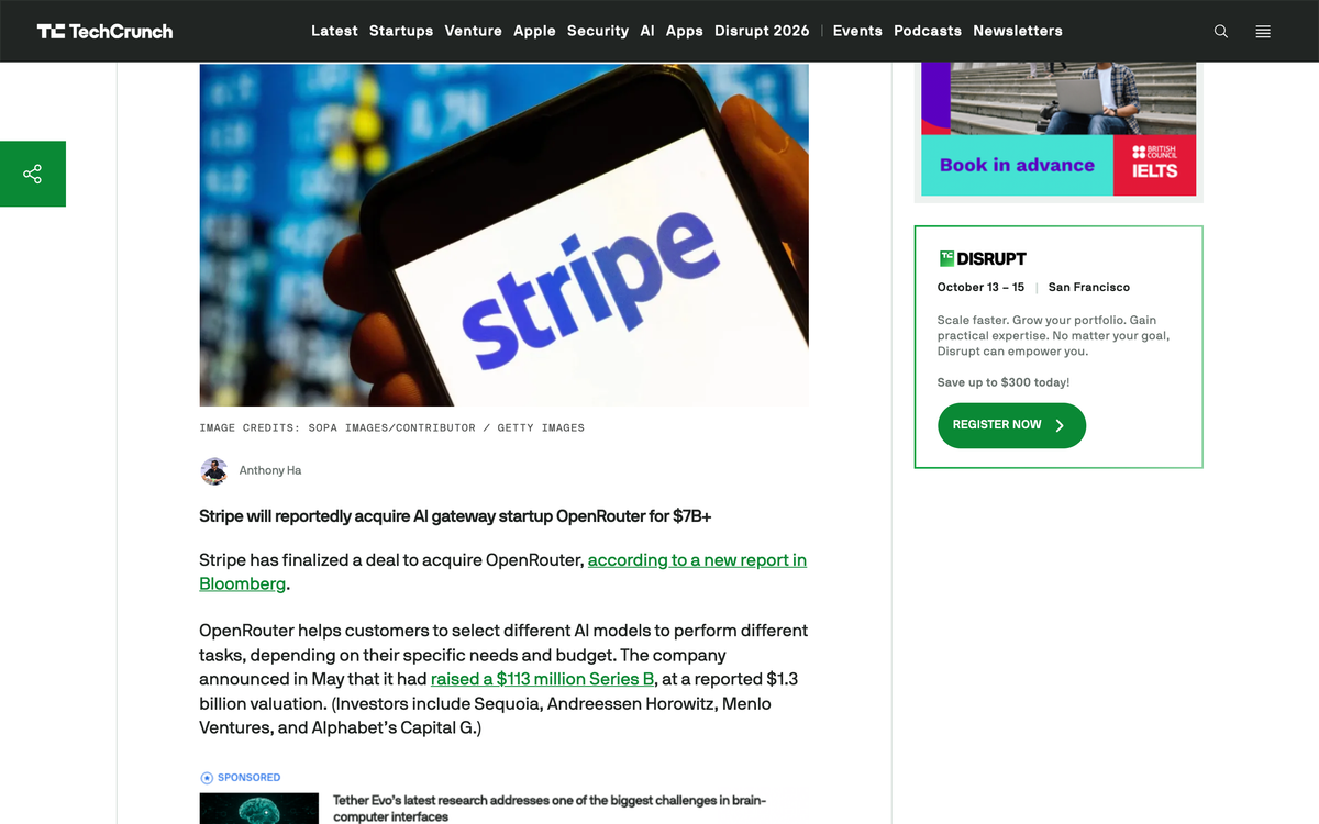 TechCrunch article by Anthony Ha headlined Stripe will reportedly acquire AI gateway startup OpenRouter for $7B+, citing a Bloomberg report and OpenRouter's $113 million Series B at a $1.3 billion valuation