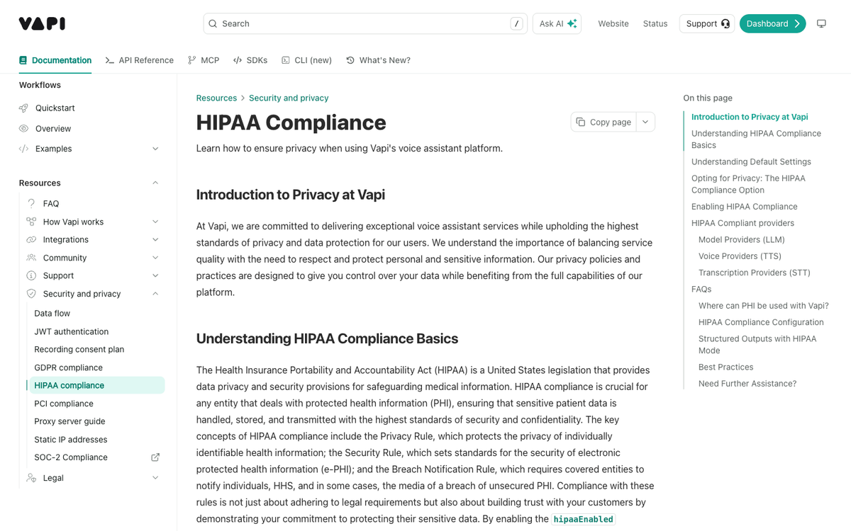 Vapi HIPAA documentation page outlining BAA, encryption, and audit logging requirements for an AI medical receptionist deployment