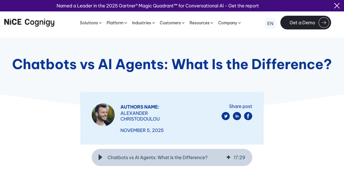 Cognigy's chatbot vs AI agent comparison page showing the architectural differences between the two approaches