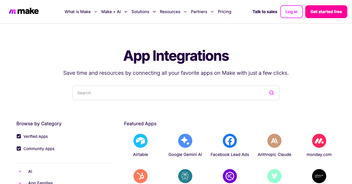 Make.com integrations page showing 3000 plus app connections for visual workflow automation