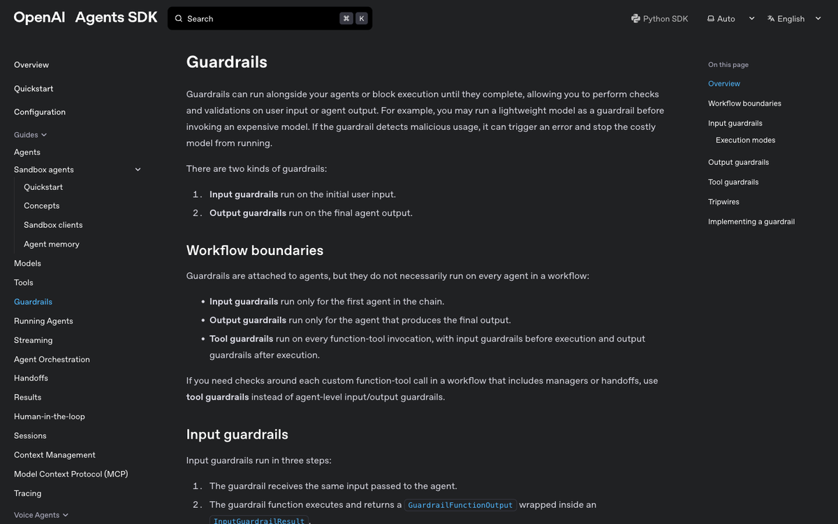 OpenAI Agents SDK documentation page on guardrails covering input guardrails output guardrails and tool guardrails for voice agents