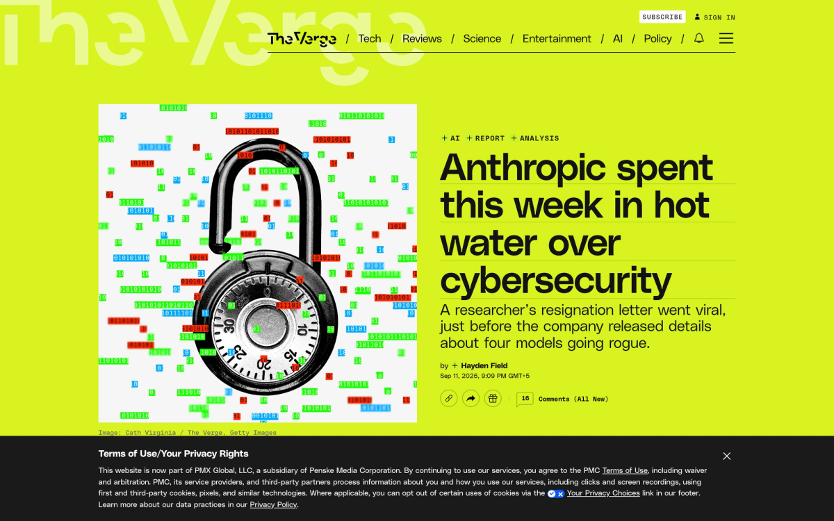 The Verge article by Hayden Field headlined Anthropic spent this week in hot water over cybersecurity, dated September 11 2026