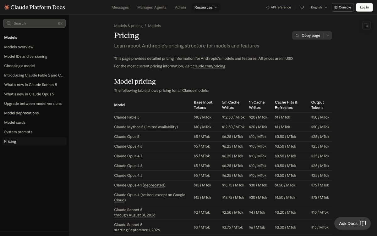 Claude Platform pricing table showing Fable 5, Opus 5, Sonnet 5 and Haiku 4.5 per million token rates
