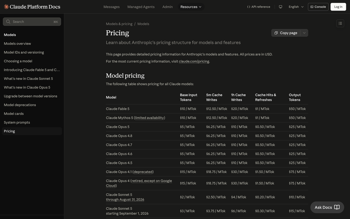 Claude Platform pricing table showing Fable 5, Opus 5, Sonnet 5 and Haiku 4.5 per million token rates