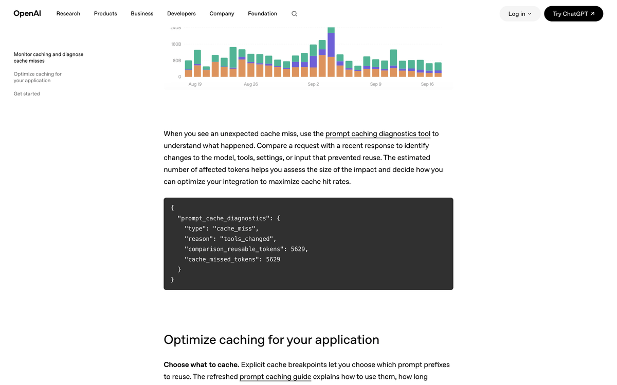 OpenAI prompt caching diagnostics example showing a cache miss with reason tools_changed and 5,629 cache missed tokens