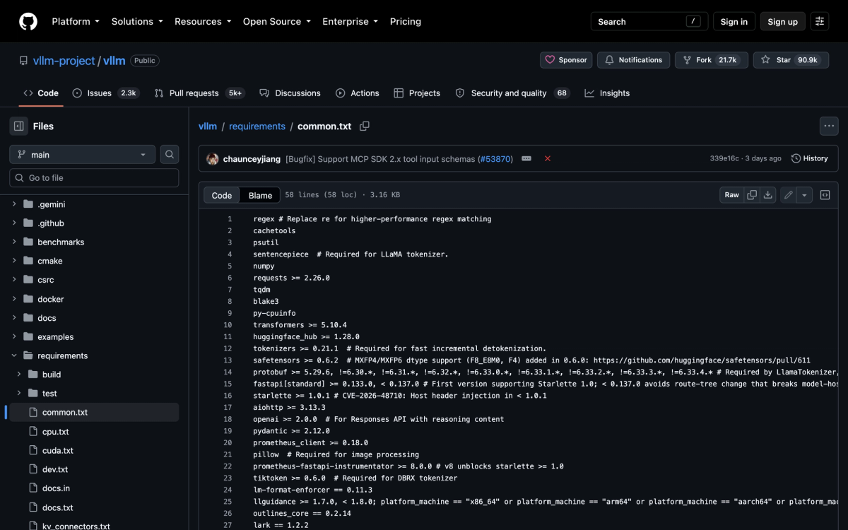 GitHub view of the vLLM repository file requirements/common.txt showing lines 10 through 13 requiring transformers, huggingface_hub, tokenizers and safetensors at minimum versions