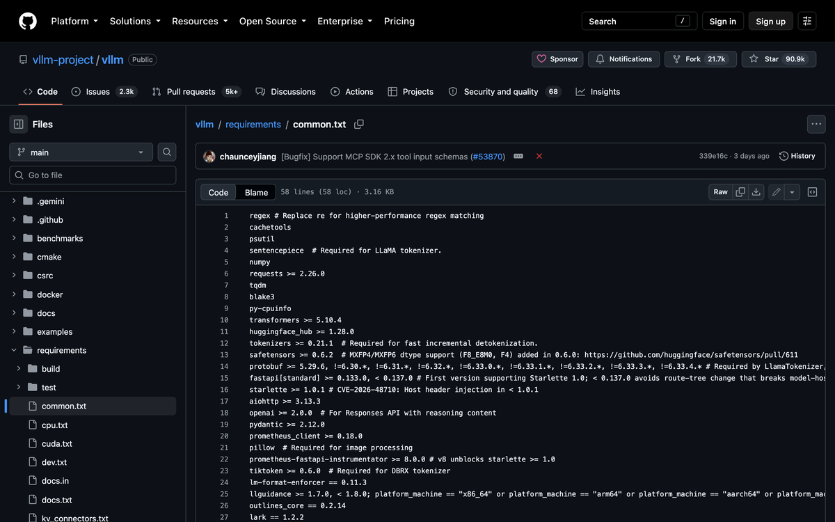 GitHub view of the vLLM repository file requirements/common.txt showing lines 10 through 13 requiring transformers, huggingface_hub, tokenizers and safetensors at minimum versions