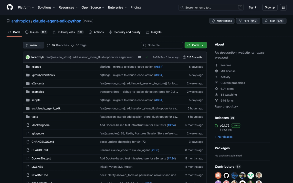 Claude Agent SDK Python repository on GitHub showing installation and usage