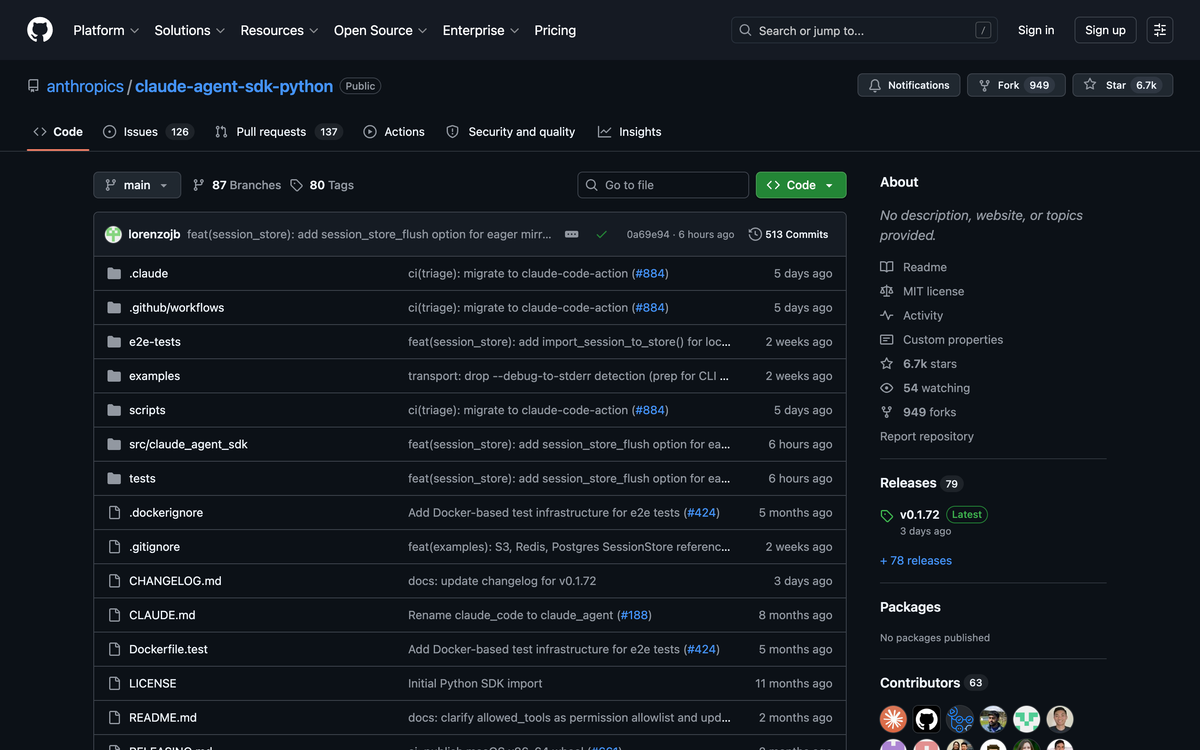 Claude Agent SDK Python repository on GitHub showing installation and usage