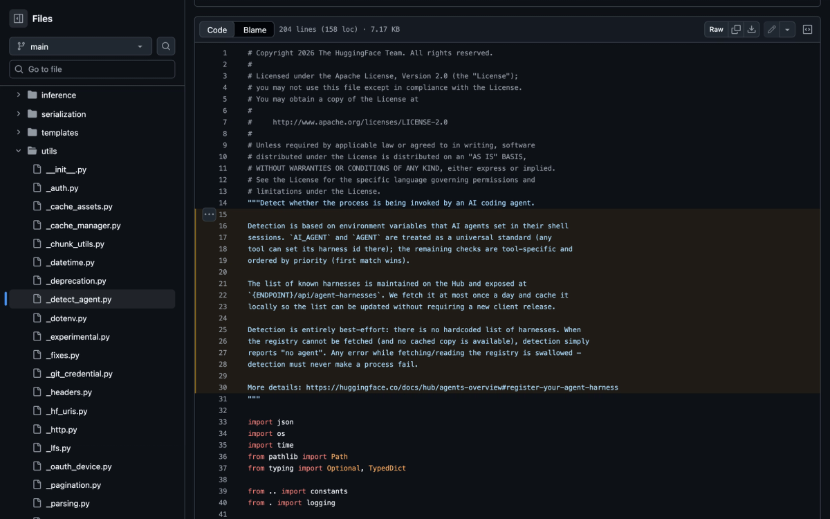 GitHub view of huggingface_hub utils/_detect_agent.py showing the docstring describing agent harness detection and the server maintained registry at ENDPOINT slash api slash agent-harnesses