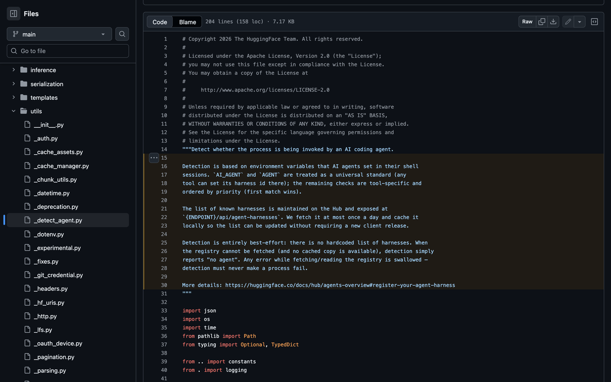 GitHub view of huggingface_hub utils/_detect_agent.py showing the docstring describing agent harness detection and the server maintained registry at ENDPOINT slash api slash agent-harnesses