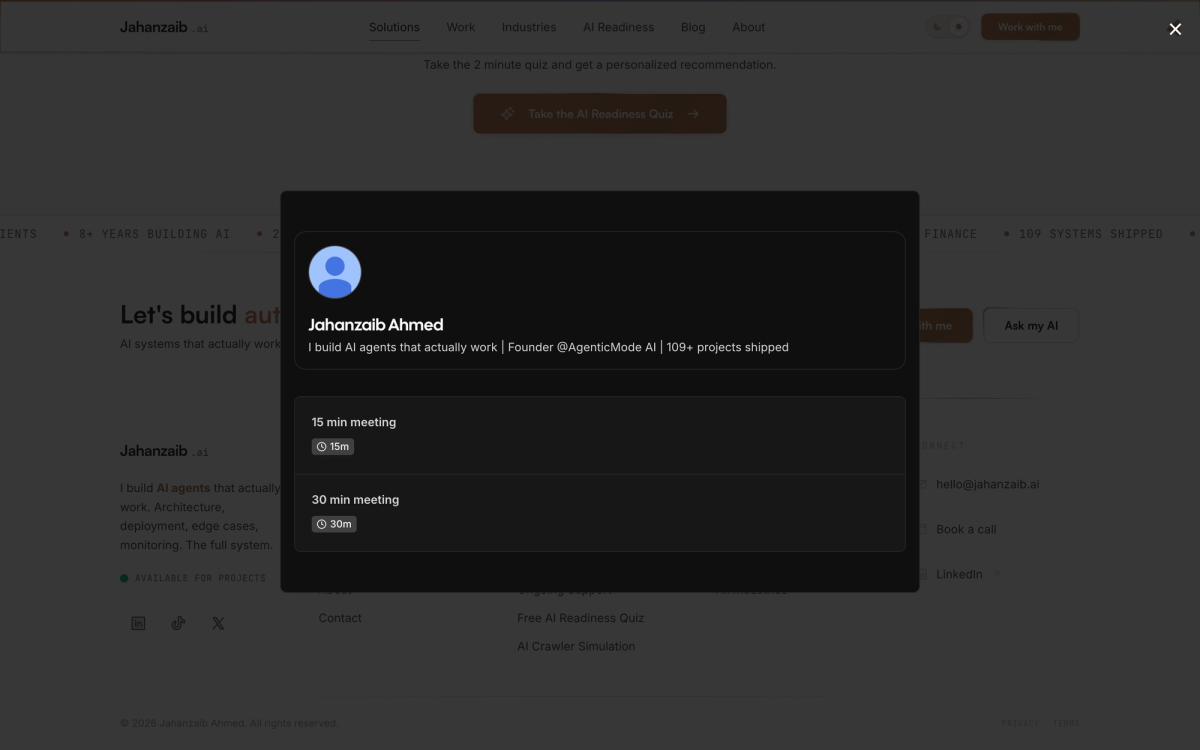 Jahanzaib.ai solutions page showing the Revenue Capture System package for businesses missing calls and leads