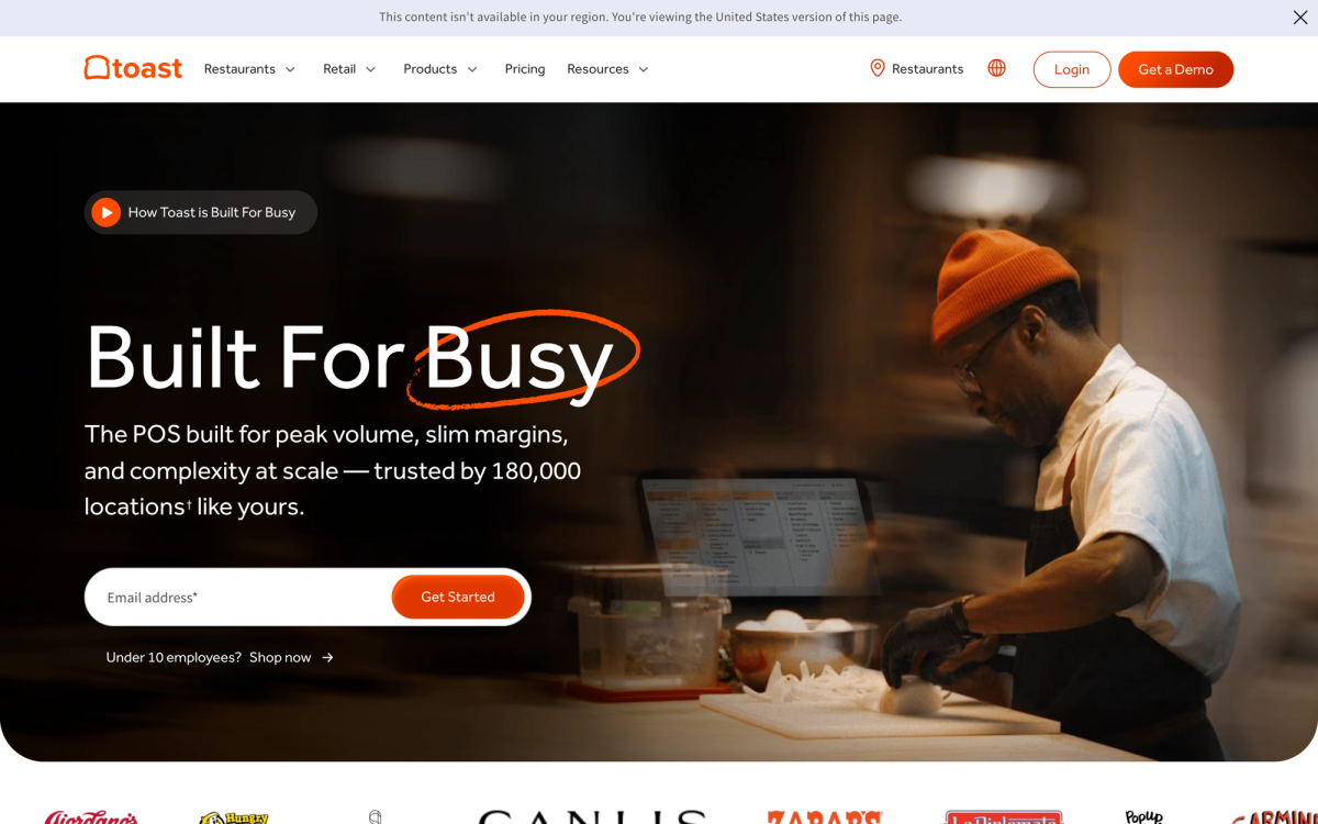 Toast point of sale homepage headline Built For Busy stating the platform is trusted by 180,000 locations