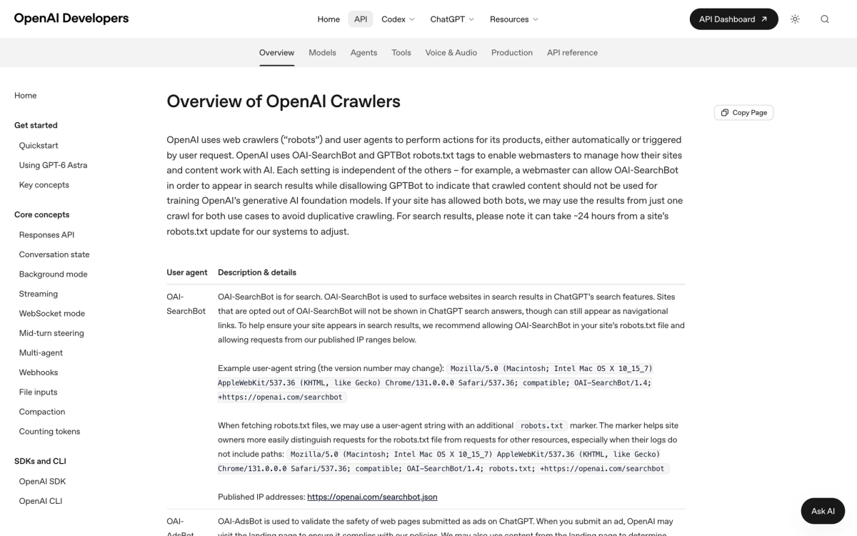 OpenAI's developer documentation page listing its crawlers, showing OAI-SearchBot for search and GPTBot for training with separate robots.txt controls