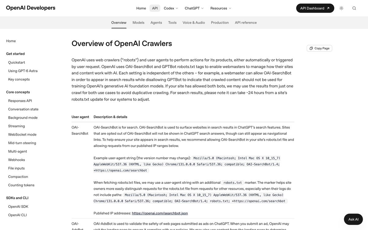 OpenAI's developer documentation page listing its crawlers, showing OAI-SearchBot for search and GPTBot for training with separate robots.txt controls