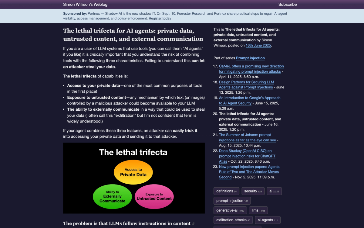 Simon Willison's lethal trifecta diagram showing private data, untrusted content and external communication