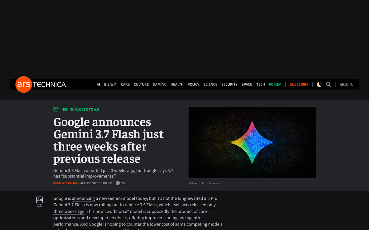 Ars Technica article headline reading Google announces Gemini 3.7 Flash just three weeks after previous release, bylined Ryan Whitwam on August 13 2026
