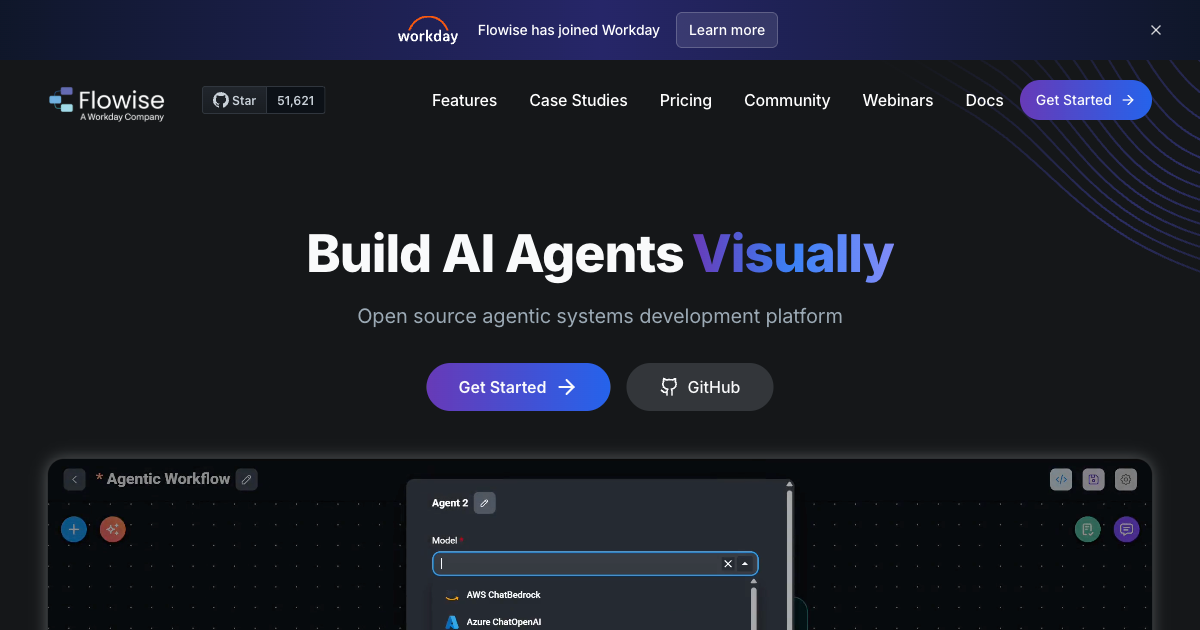 Flowise AI agent builder homepage showing the visual drag-and-drop interface for building LLM workflows