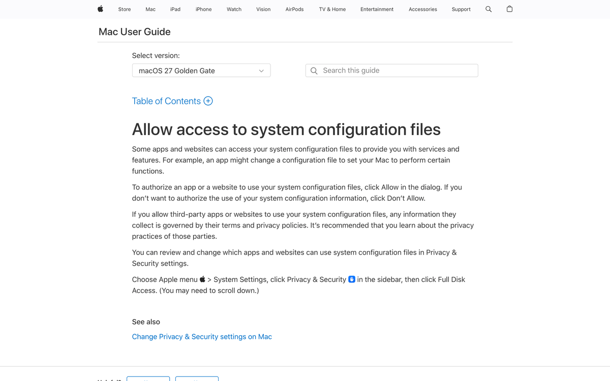 Apple's Mac User Guide page for macOS 27 Golden Gate explaining how to allow apps access to system configuration files, and where Full Disk Access lives inside Privacy and Security in System Settings