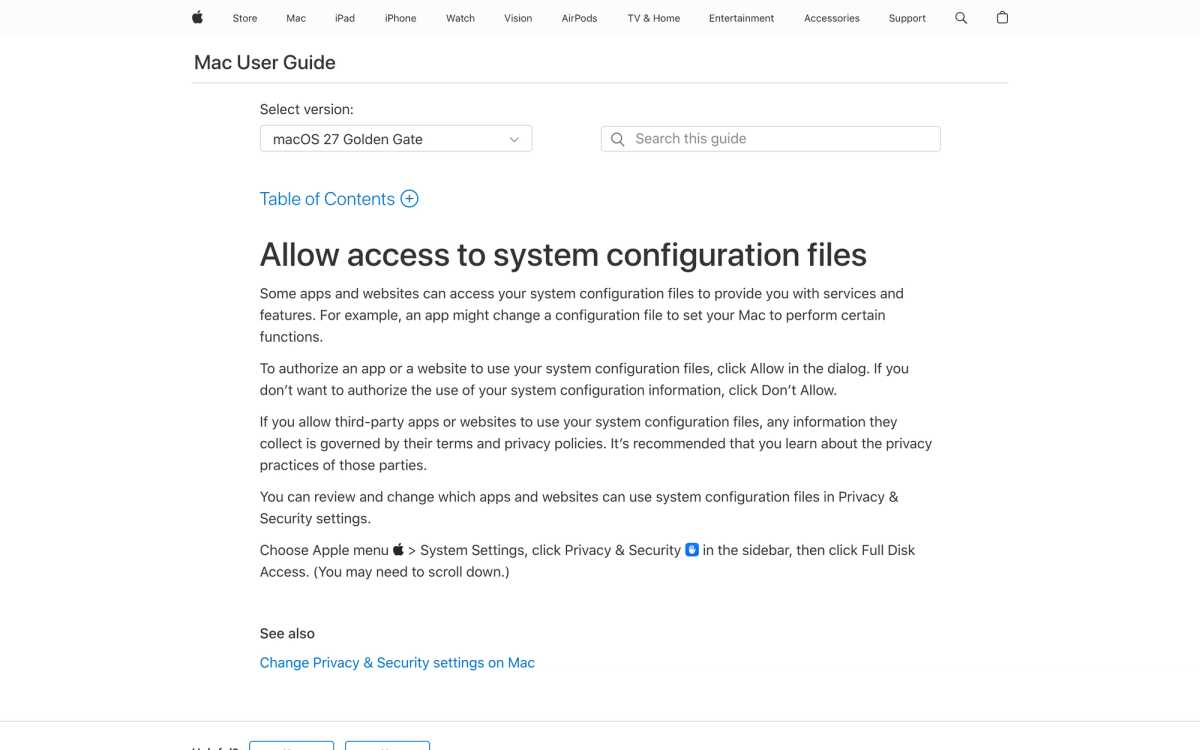 Apple's Mac User Guide page for macOS 27 Golden Gate explaining how to allow apps access to system configuration files, and where Full Disk Access lives inside Privacy and Security in System Settings