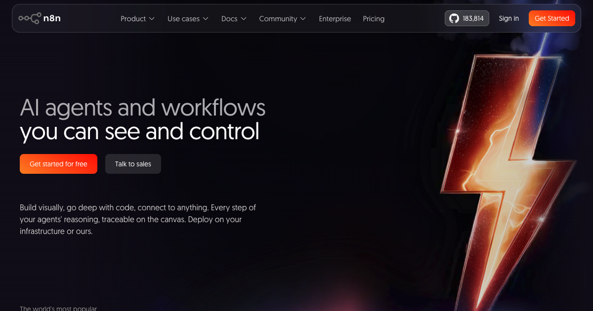n8n workflow automation platform homepage showing visual drag-and-drop workflow builder for connecting apps