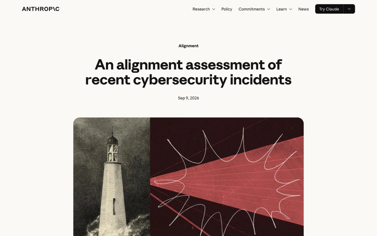 Anthropic's research post titled An alignment assessment of recent cybersecurity incidents, dated September 9 2026