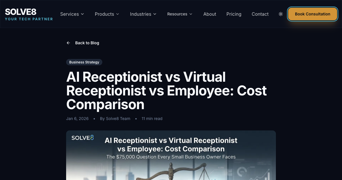 Solve8 cost comparison blog post showing AI receptionist vs virtual receptionist vs employee annual cost in Australia 2026