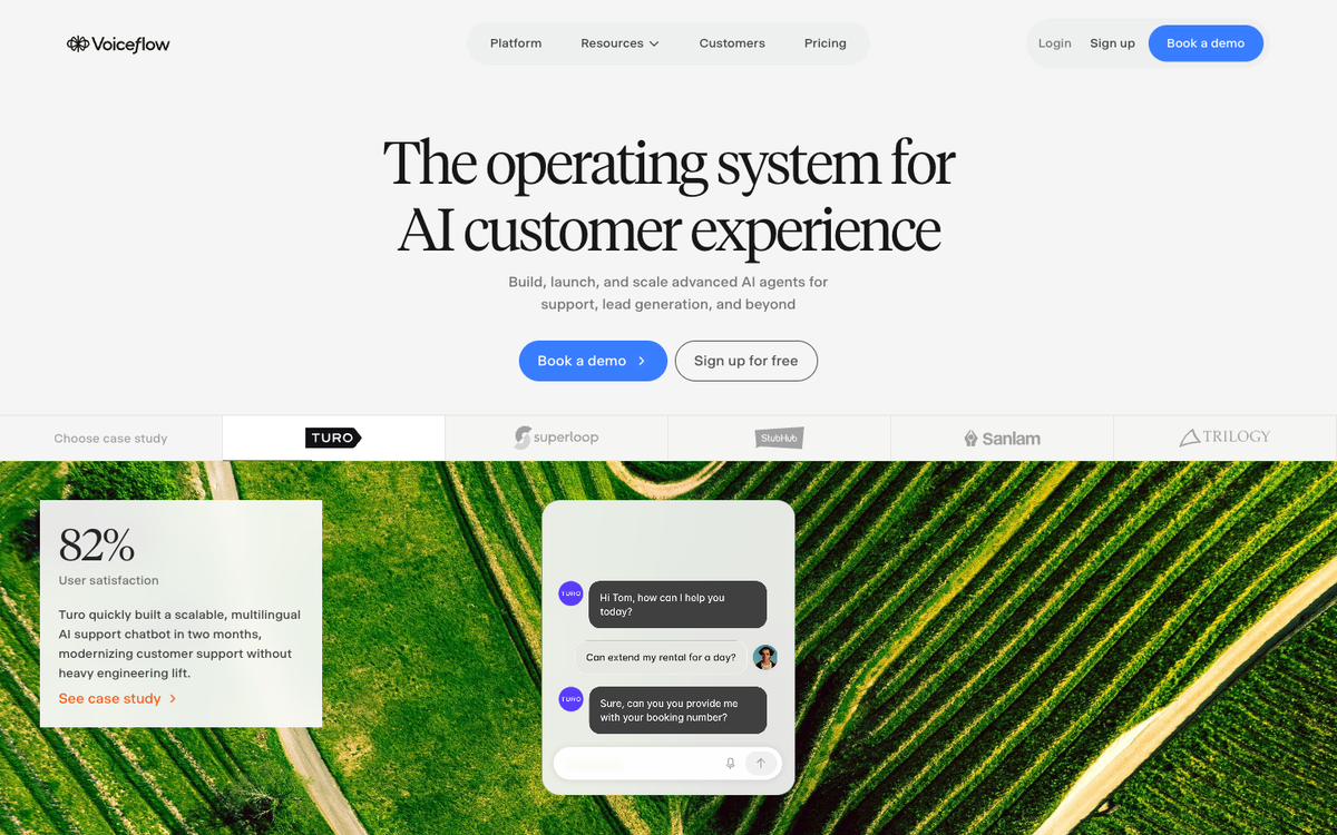 Voiceflow homepage showing the For Agencies and For Businesses sales-led pricing model
