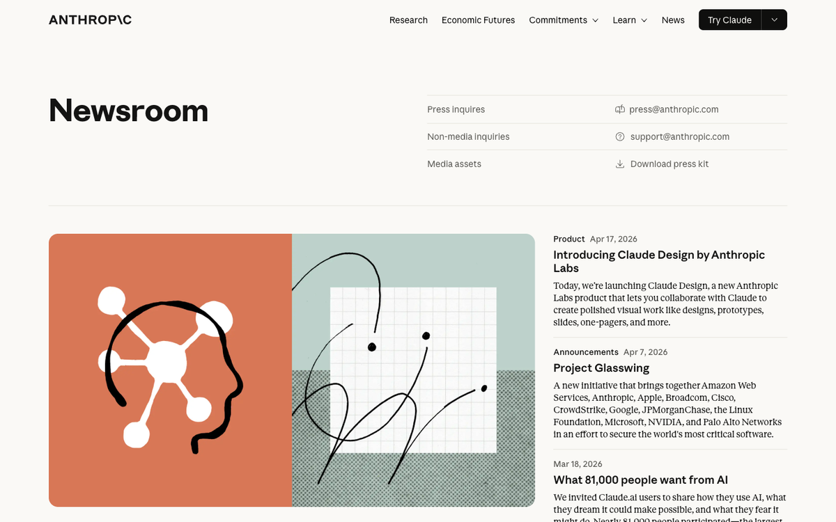 Anthropic news page showing recent Claude and AI agent announcements