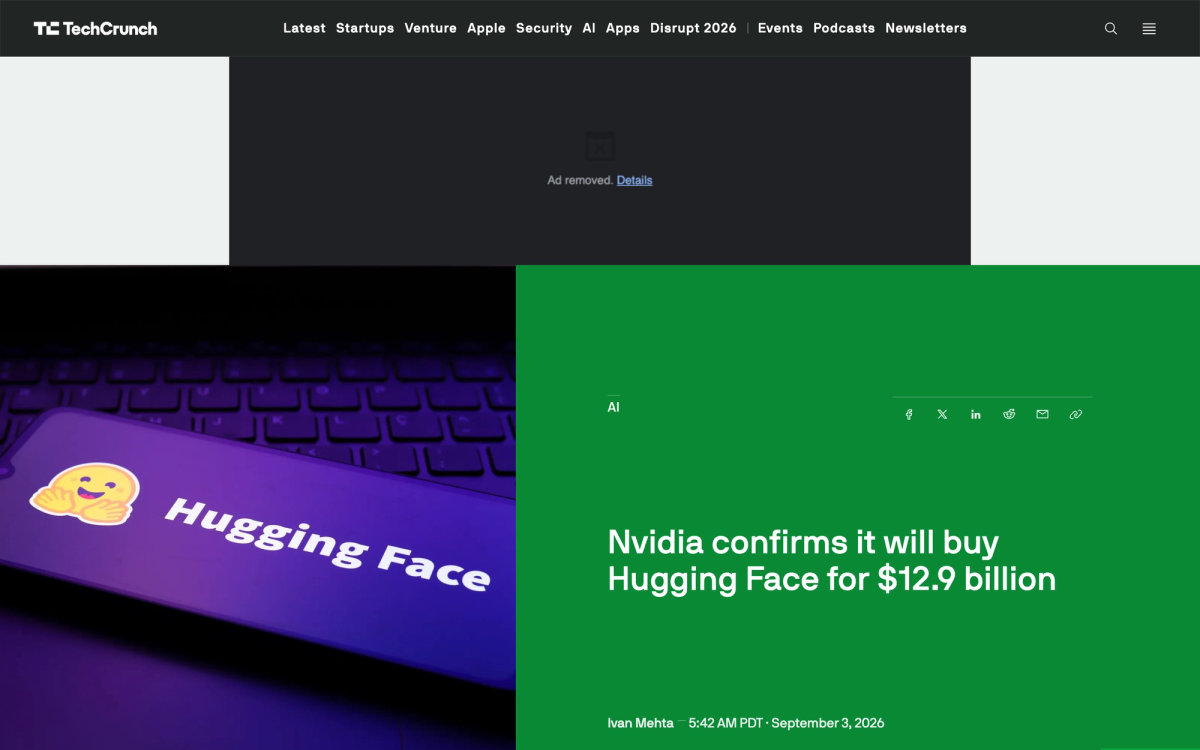 TechCrunch article headline reading Nvidia confirms it will buy Hugging Face for $12.9 billion, bylined Ivan Mehta, September 3 2026