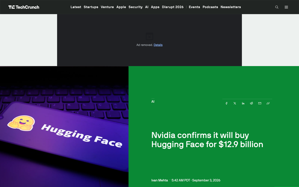TechCrunch article headline reading Nvidia confirms it will buy Hugging Face for $12.9 billion, bylined Ivan Mehta, September 3 2026