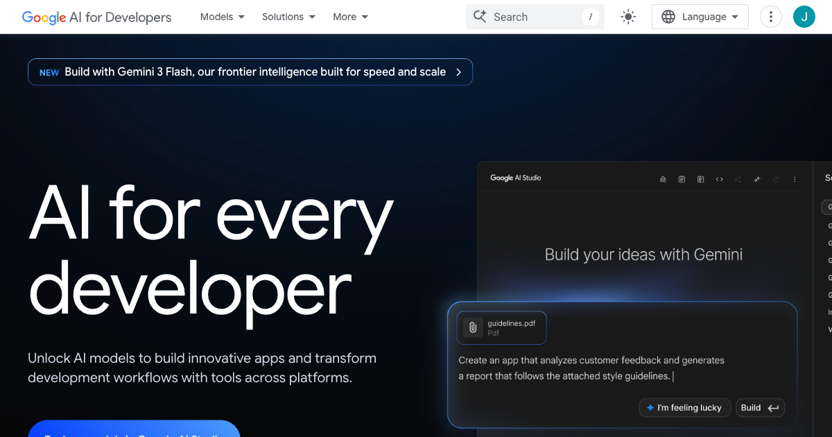 Google AI for Developers homepage showing Gemini and Gemma model APIs