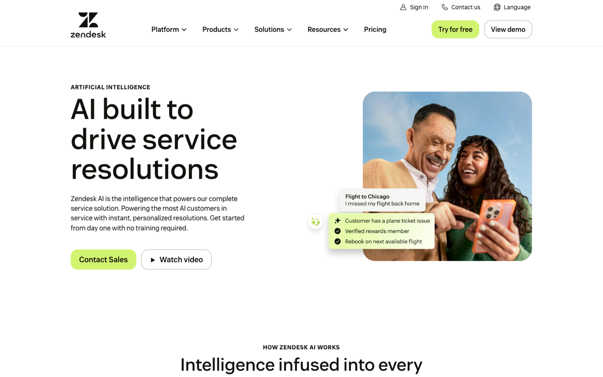 Zendesk AI customer service software product page comparison