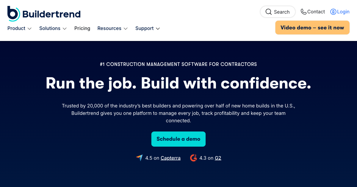 Buildertrend homepage showing construction project management software with scheduling and client portal for contractors